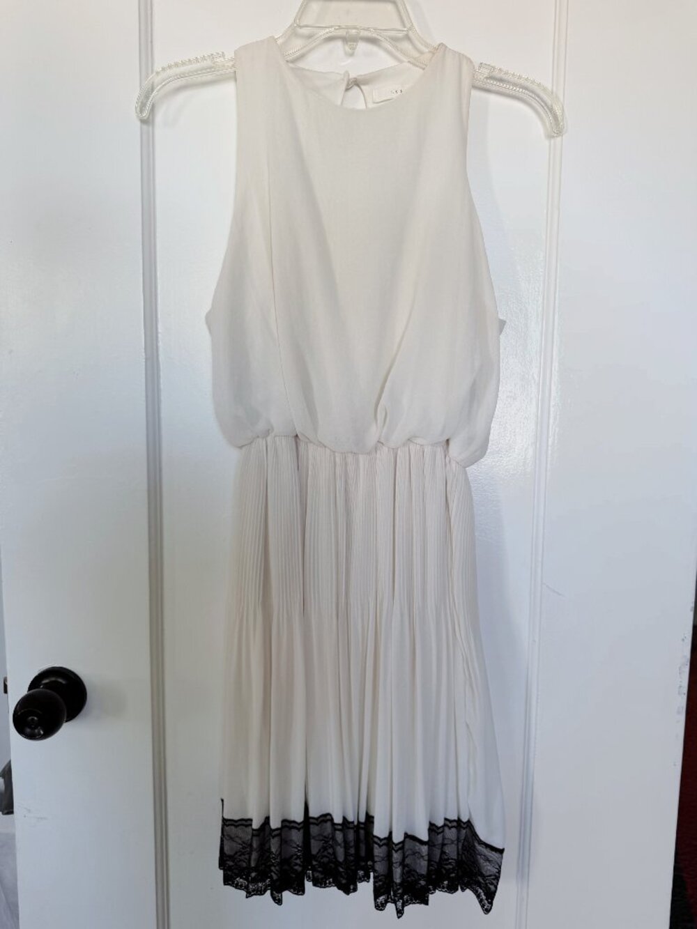 Lush White Pleated Skirt Dress, Black Lace Trim, Sz L